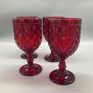 Ruby Red Diamond Cut Pressed Glass Wine or Water Goblets by Pier 1 - 4pcs #2